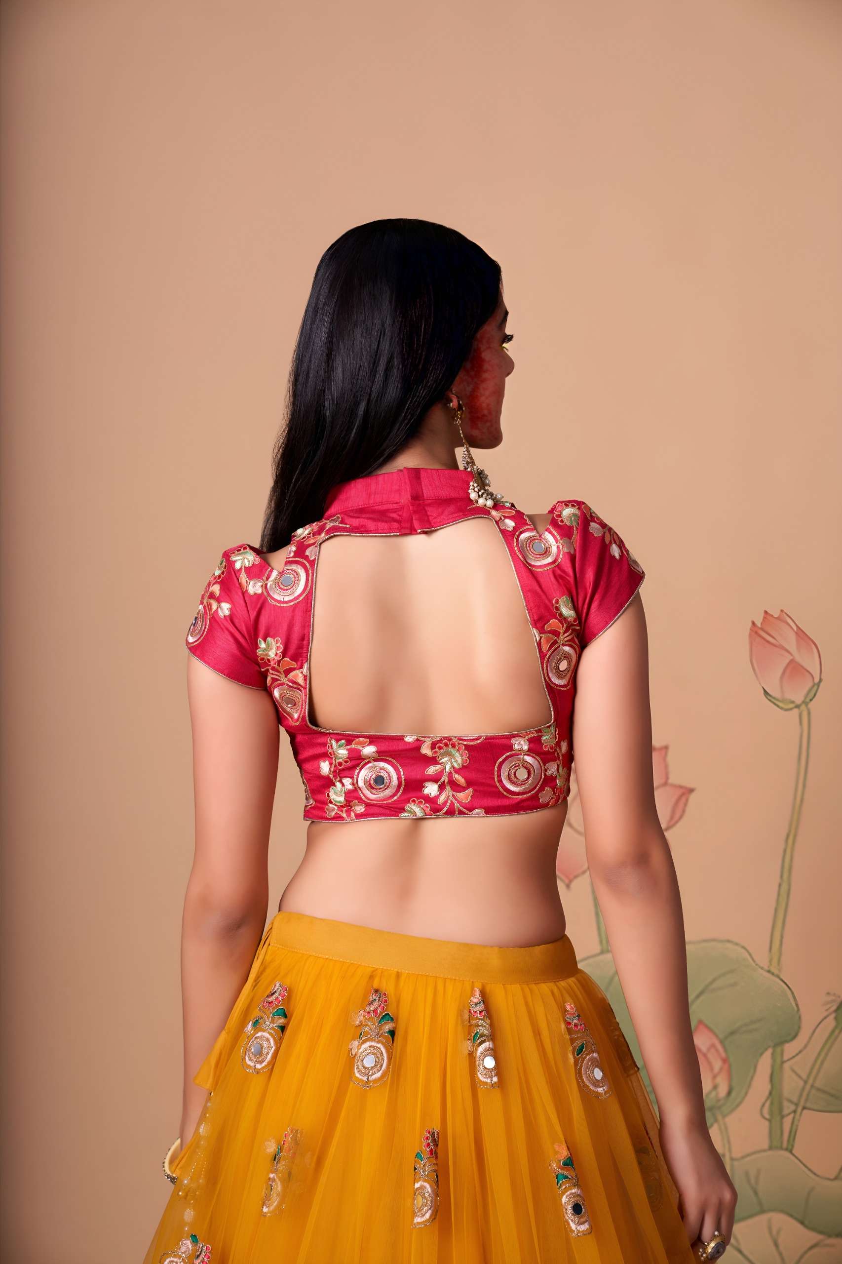Mustard Yellow & Rani Pink colour fabric with Mirror Work on Lehenga Choli supplier in surat 7324 Yellow